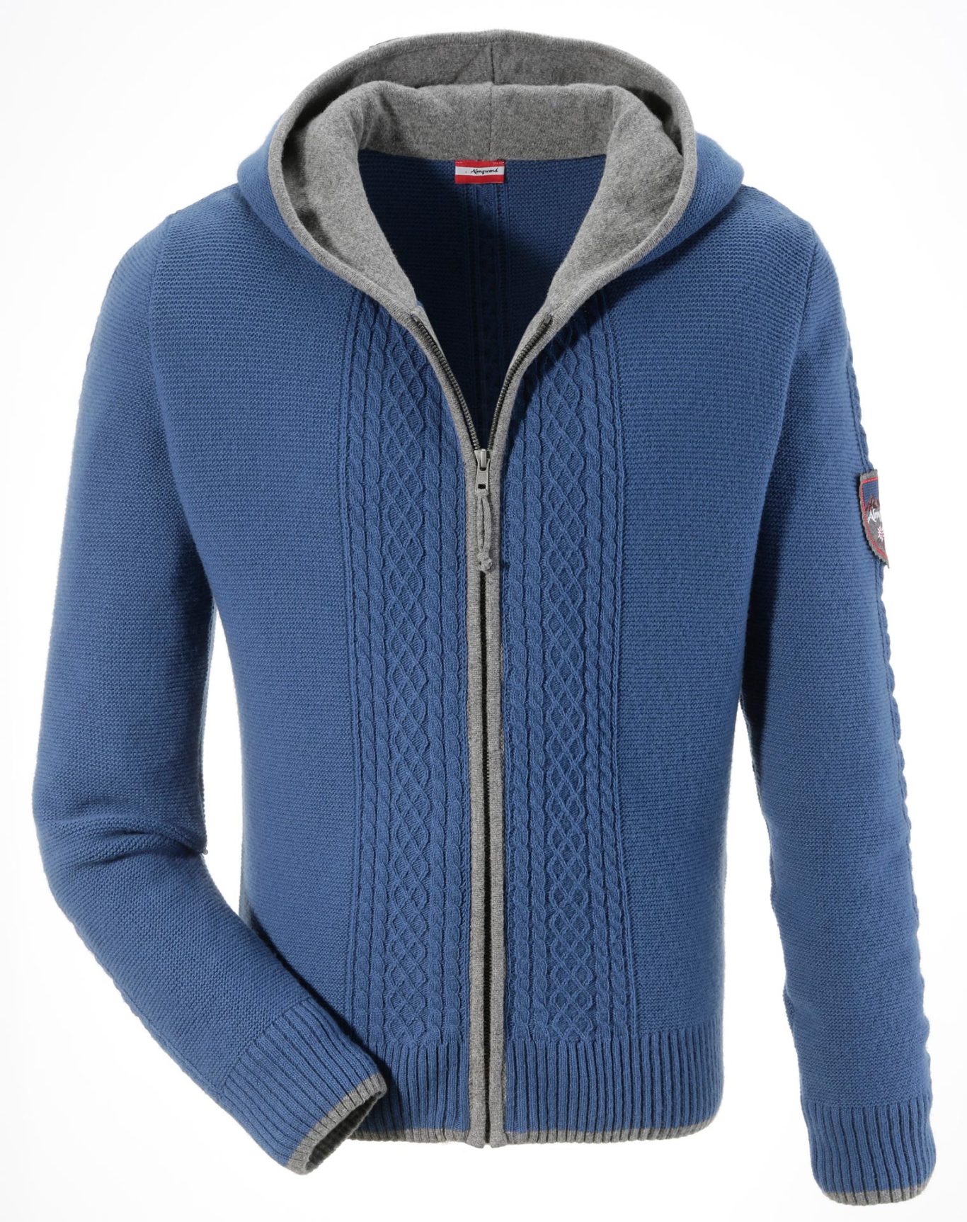 Blauer Kapuzenpullover mit grauem Innenfutter und strukturiertem Design.