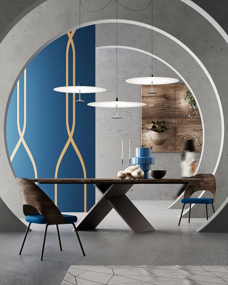 CGI-Aufnahme, 3D-Design, moderne Esszimmeransicht mit runden Wänden, blauer Wand und eleganten Beleuchtungskörpern.