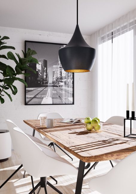 CGI-Aufnahme, 3D-Design, modernes Esszimmer mit Holztisch, weißen Stühlen, einer schwarzen Lampe und Wandbild.