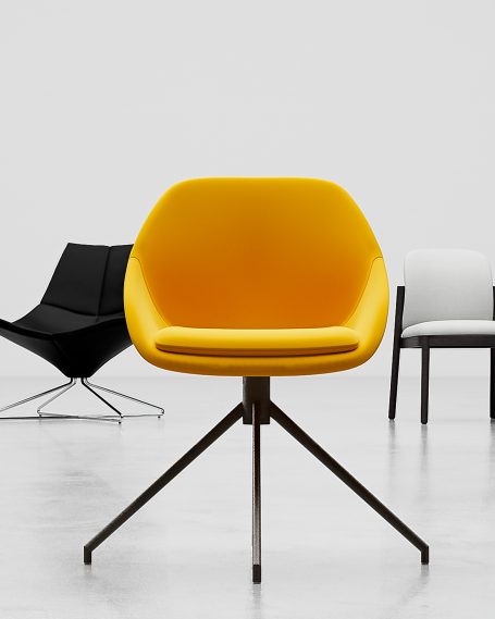 CGI-Aufnahme, 3D-Design, gelber Stuhl mit Metallgestell, im Hintergrund schwarze und weiße Stühle.